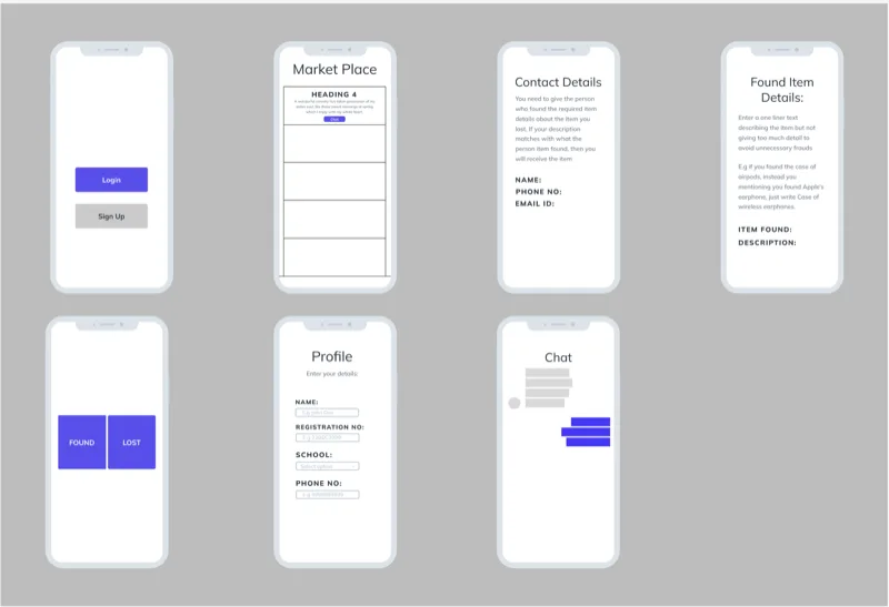 Lost and Found low-fidelity prototype screens